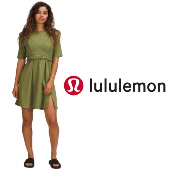 Lululemon Cotton Wrap-Front T-Shirt Dress - Bronze Green - Size 6 - Picture 1 of 11